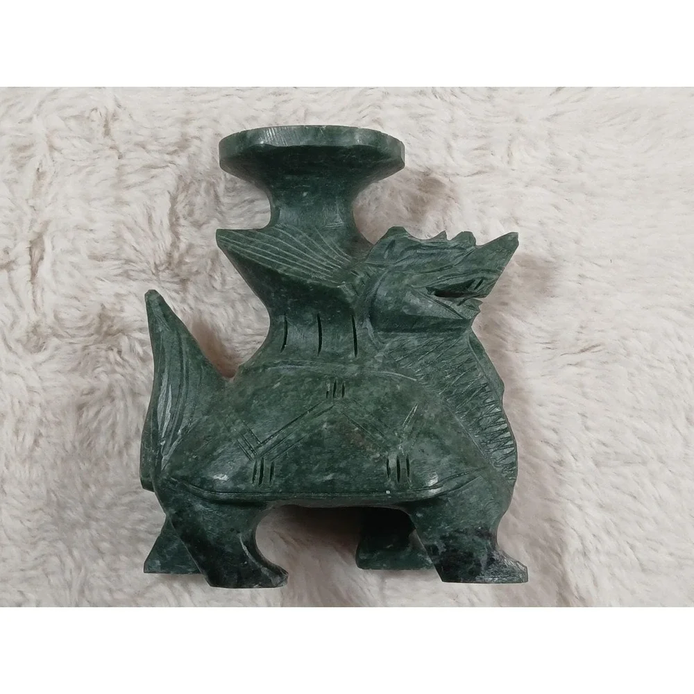 Vintage Chinese Hand-Carved Green Stone Dragon Turtle Candle Holder /‎ Incens